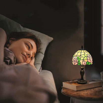 Small Tiffany Table Lamp,3 Color Temperature Pink Rose Stained Glass Table Lamps for Living Room, Dining Room,Bedroom Bedside Nightstand Night Light,W/LED Bulb,8X8X15Inch