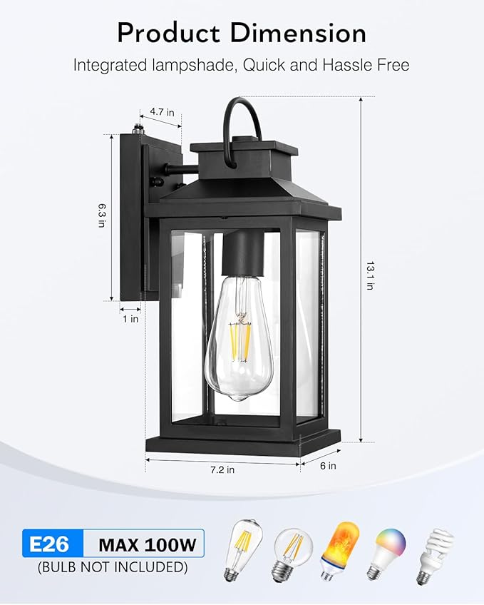 VIANIS Porch Lights - Black Dusk to Dawn Exterior Wall Sconce Lanterns for House, Front Porch, Anti-Rust Waterproof Outdoor Garage Lights