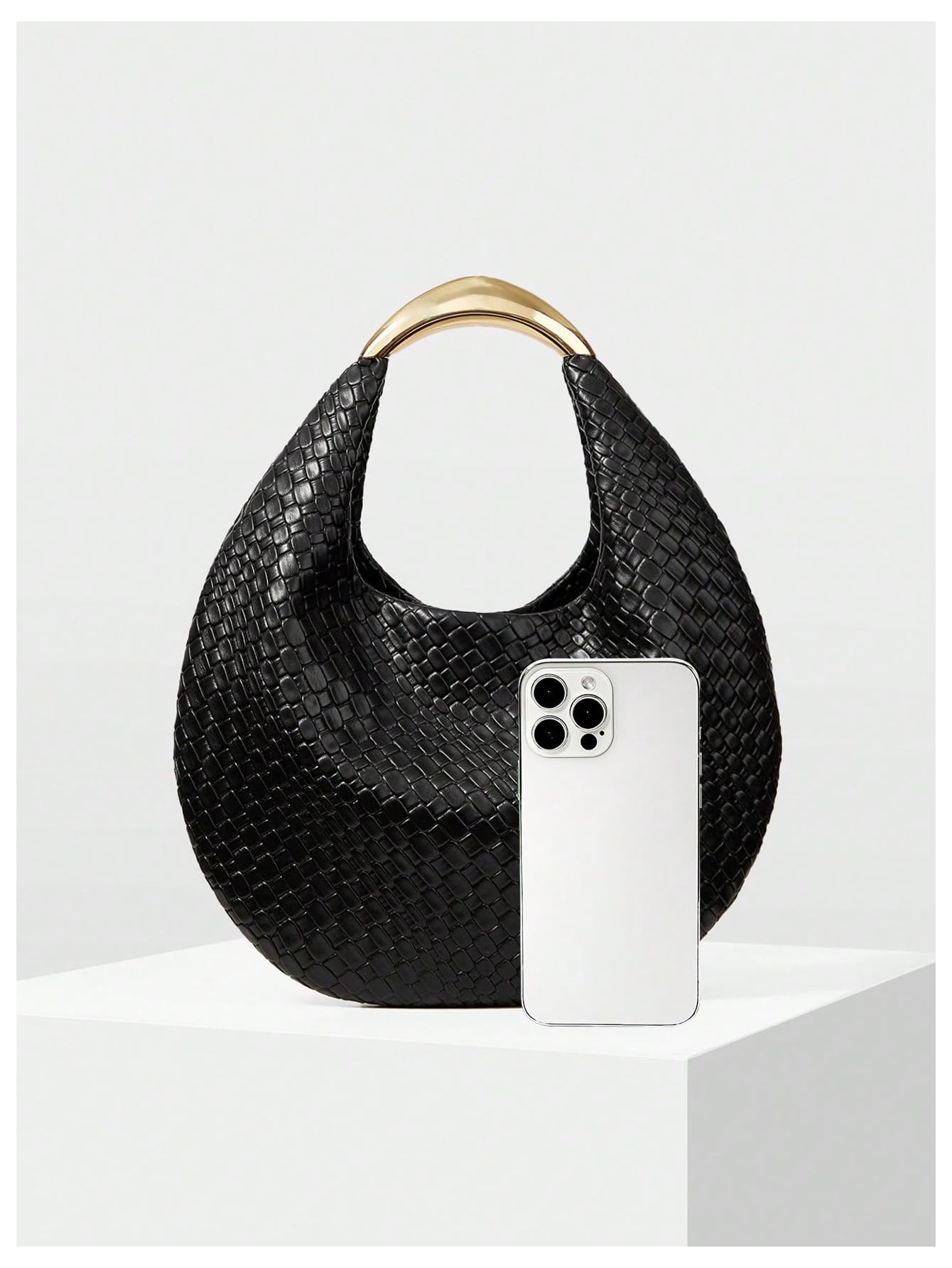 QWINEE Women's Woven Handbag Elegant Clutch Purse Metal Top Handle Cresent Evening Bag Retro PU Leather Clutch Purse Black One Size