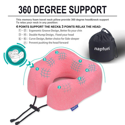 napfun Neck Pillow for Traveling, Upgraded Travel Neck Pillow for Airplane 100% Pure Memory Foam Travel Pillow for Flight Headrest Sleep, Portable Plane Accessories, Light Grey