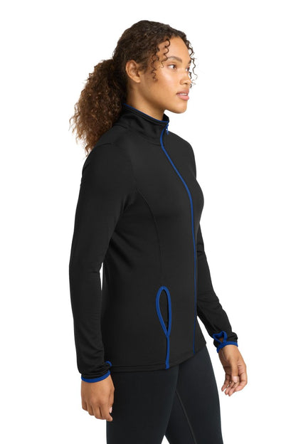 SPORT-TEK Women's Sport-Wick Stretch Contrast Full Zip Jacket | Zip Up Jacket for Women, Lightweight Sweatshirt for Everyday, Black/True Royal, Large