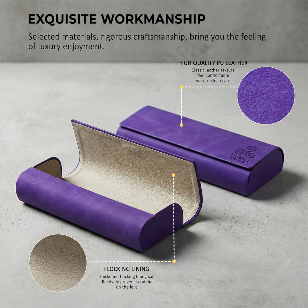 TRISKEL EYEWEAR Minimalist Rectangle Glasses Case – Slim Hard Shell PU Leather Eyewear Holder with Magnetic Closure (Amethyst Dawn)