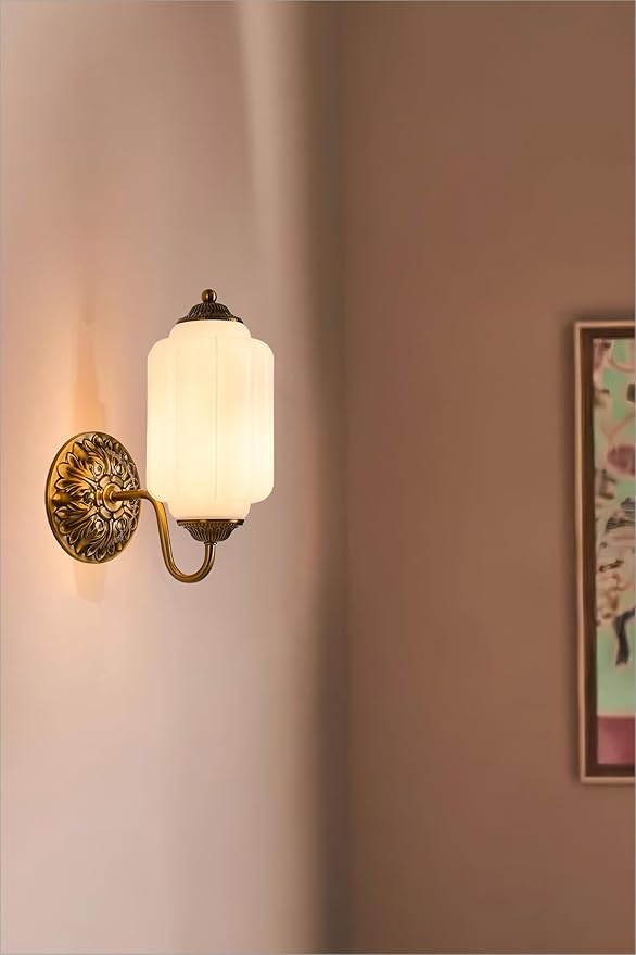 Vintage Brass Wall Sconce Light Fixture with Milk White Glass Shade, Retro Glass Wall Lamp, Indoor Wall Light for Bedroom, Living Room, Hallway