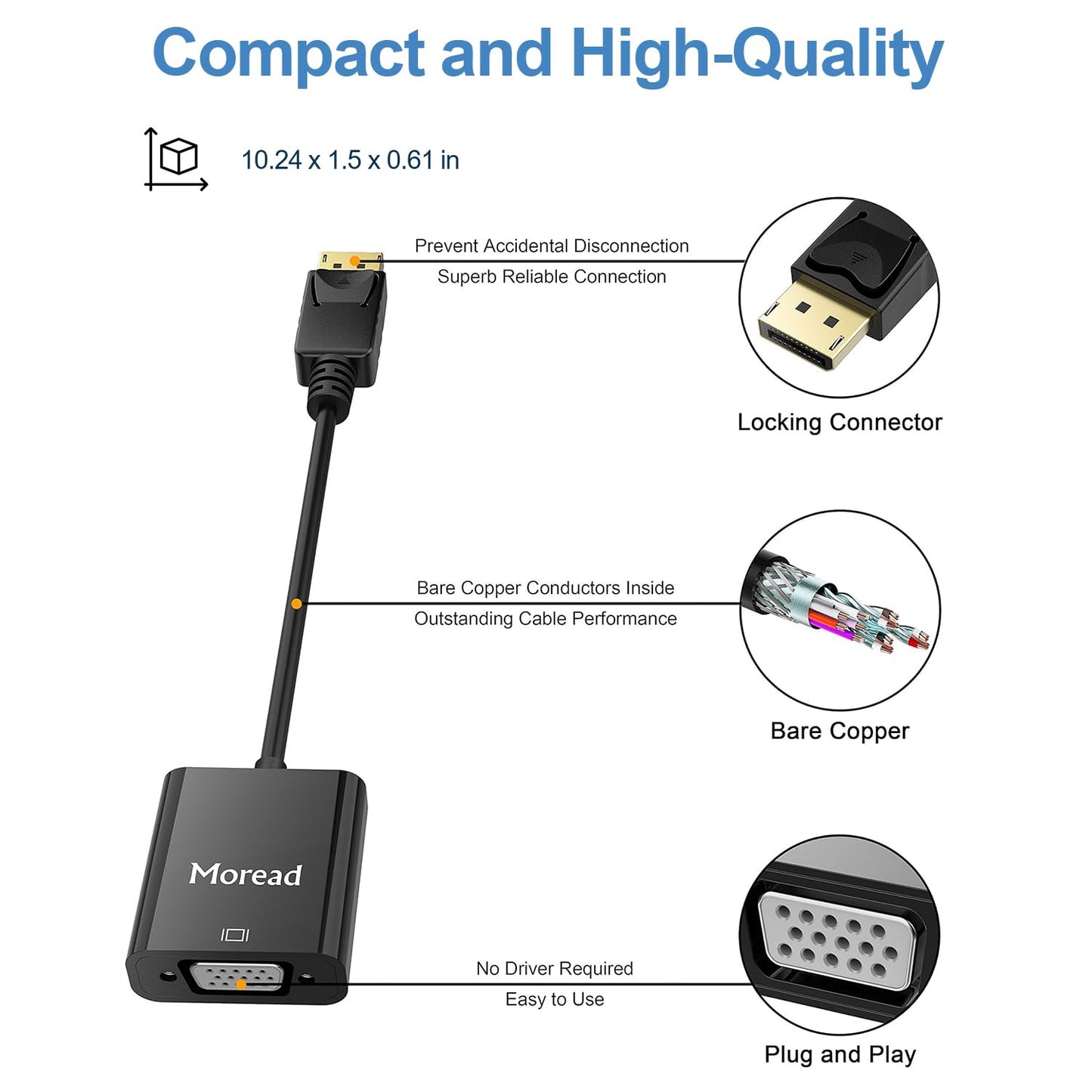 Moread DisplayPort (DP) to VGA Adapter, 10 Pack, Gold-Plated Display Port to VGA Adapter (Male to Female) Compatible with Computer, Desktop, Laptop, PC, Monitor, Projector, HDTV - Black