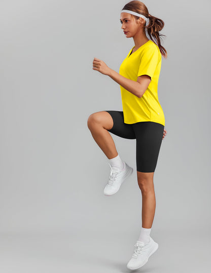 PINSPARK Womens Hiking Shirts Short Sleeve V Neck UPF 50 Sun Protection Moisture Wicking Quick Dry Outdoor Athletic Tops,Yellow Large