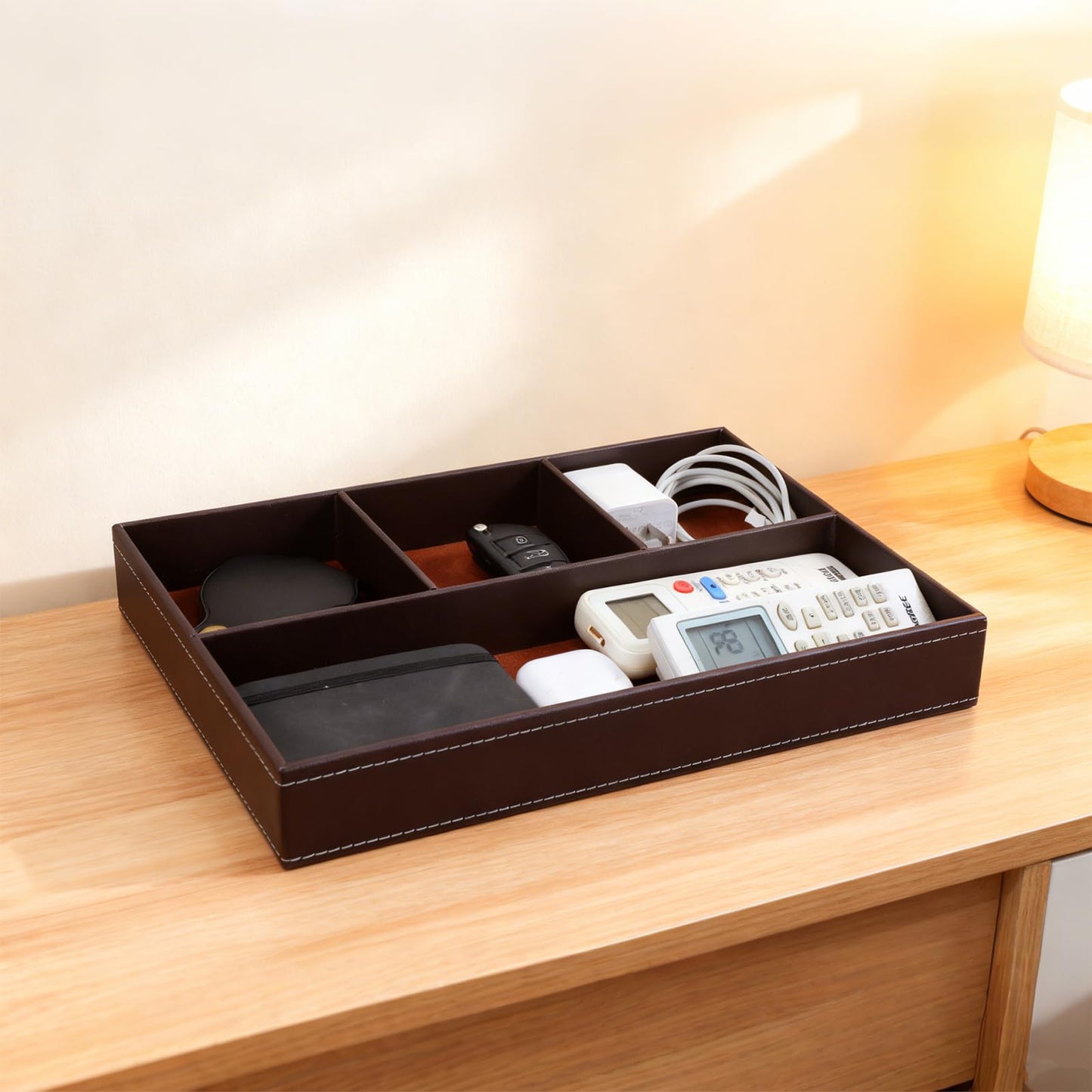 Caeuiciw 2 Pieces Faux Leather Valet Tray for Men, Stackable Jewelry Trays for Drawers, Mens Dresser Top Organizer for Key, Wallet, Sunglass, Watch, Coin, Phone, Nightstand Bedside Tray Brown