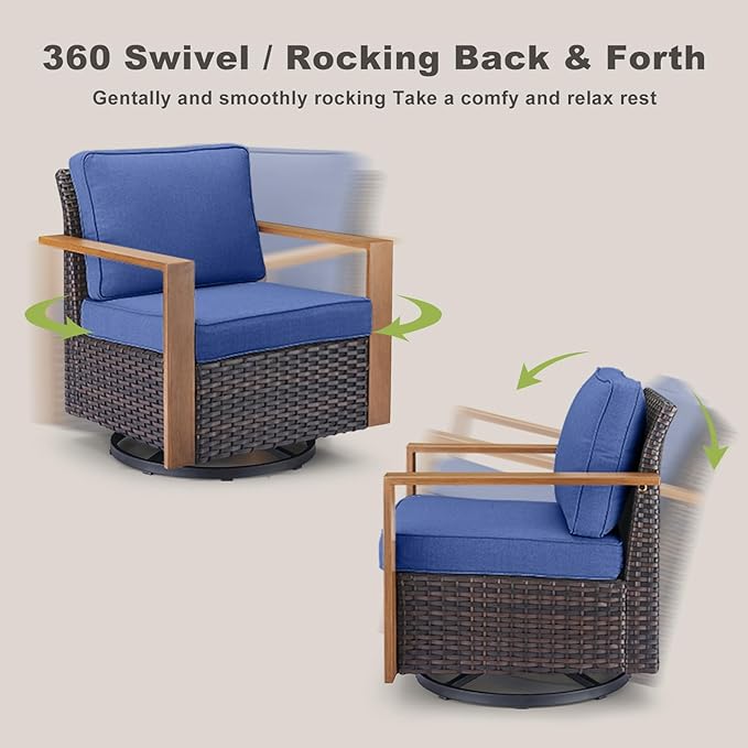 Rilyson Outdoor Wicker Patio Furniture Set - 4 Piece Patio Conversation Set with 2 Wicker Swivel Rocker Chairs,2 Rattan Ottoman, Thick Cushions, Deep Seating, Wide Armrest(Brown/Blue)