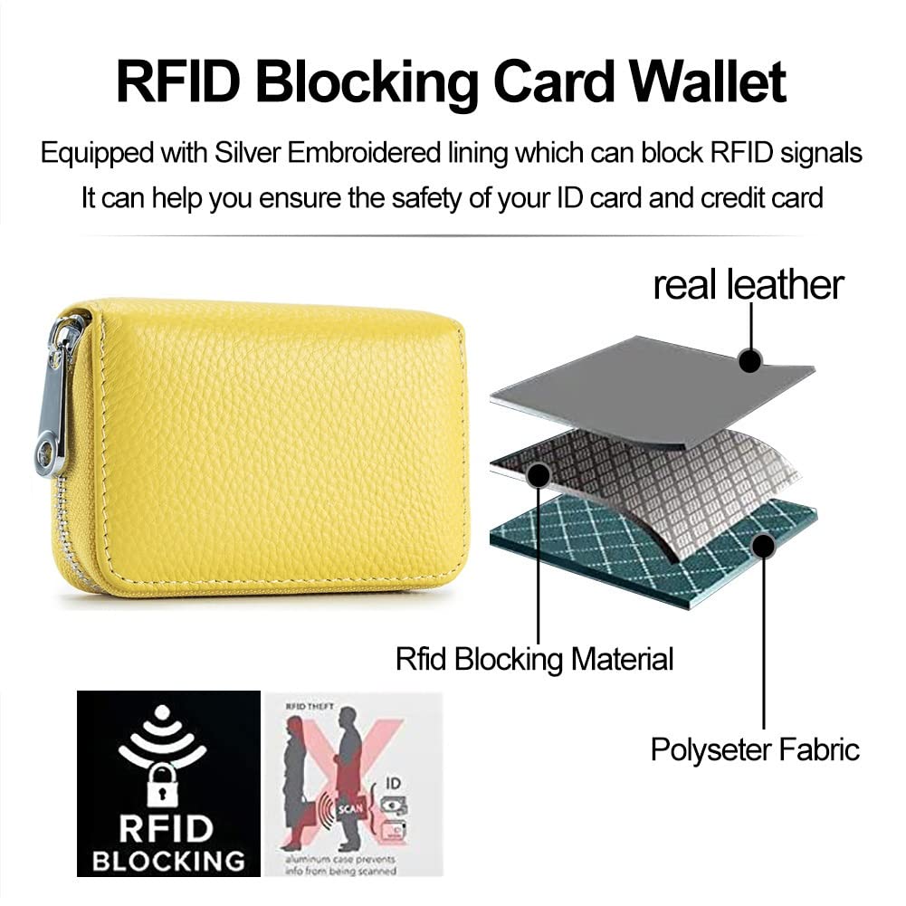 EASTNIGHTS RFID Credit Card Holder Genuine Leather Credit Card Wallet with Zipper (yellow)