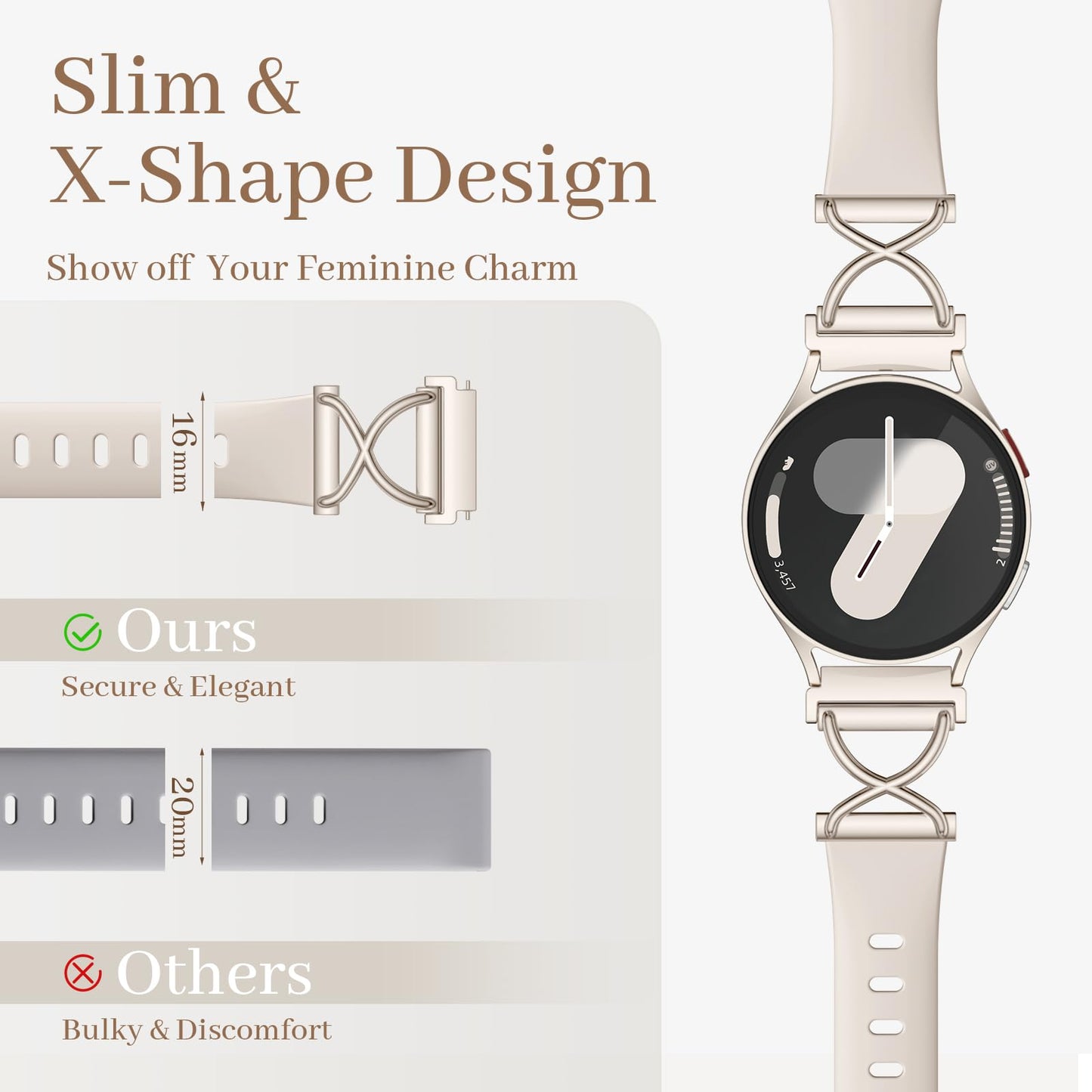 Getino Slim Silicone Bands Compatible with Samsung Galaxy Watch 7 Band 6 5 4 FE 40mm 44mm/Galaxy Active 2, 20mm Watch Band Thin Skinny Charms X-Shaped Soft Sport Strap for Samsung Watch Bands Women