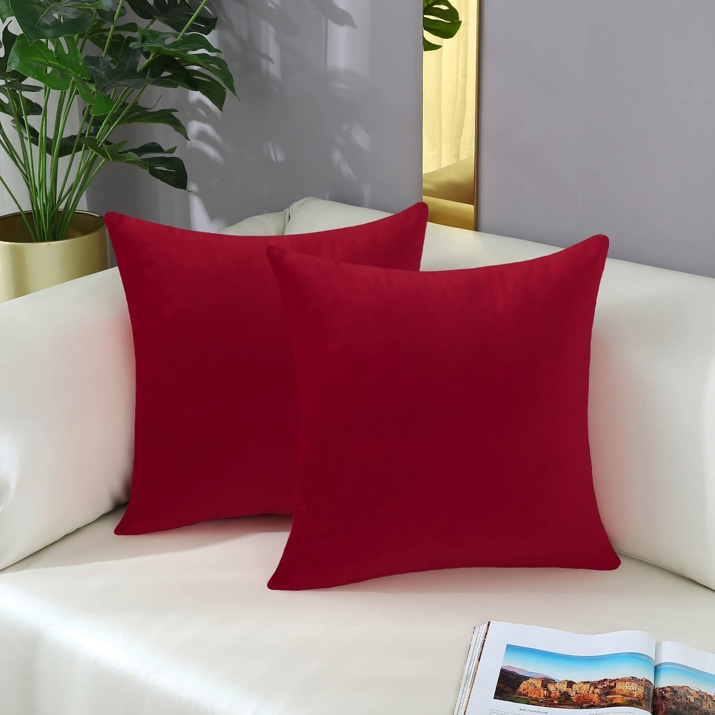 mixeoo Comfy Christmas Red Throw Pillow Covers Decorative Square Solid Thick Velvet Super Soft Cushion Cases Home Decor for Sofa Couch Living Room Chair, Set of 2, 18 x 18 Inch