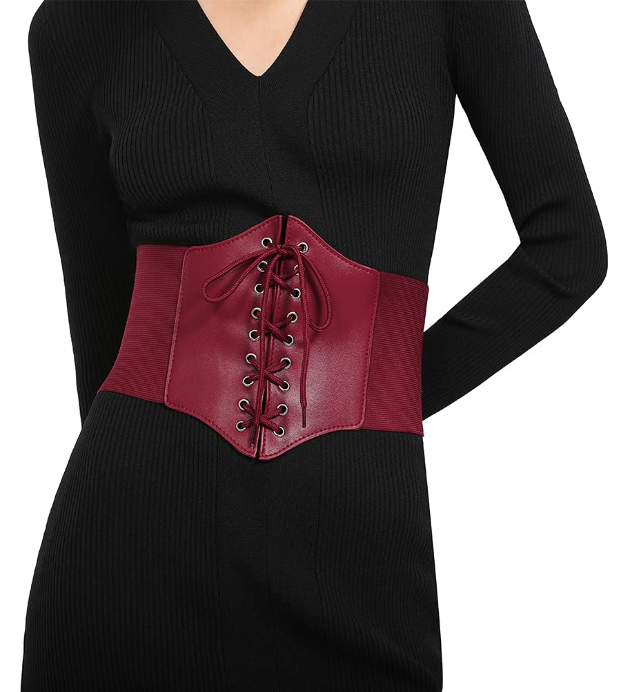 Hoerev Corsets Belt Tops Leather Vest Pirate Halloween Costume Lace Up Waist Belt Bustiers Corsets For Women, Plum, M