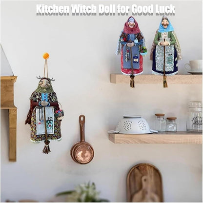 Handmade Kitchen Witch Doll, Good Luck Cooking Dolls Hanging Ornament, Unique Home Decor Figure on Broomsticks for Cooks, Festive Lucks Charm Decoration for Culinary Enthusiasts(B)