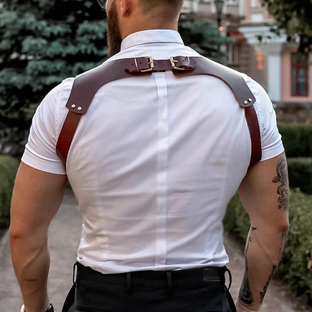 BaronHong PU Leather Renaissance Suspenders,Vintage Men's Back Support Harness,Metal Hooks for Men,Steampunk,Handmade(brown,M)