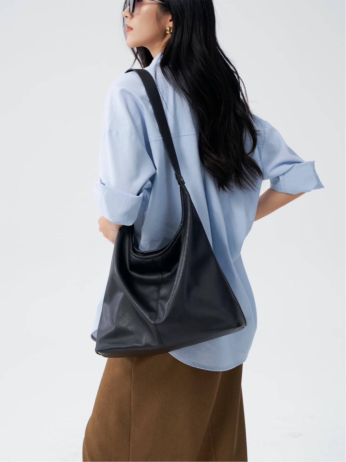 Hobo Bag for Women, Soft Vegan Leather Slouchy Shoulder Tote Purse with Matching Pouch, Adjustable Strap & Magnetic Closure Black