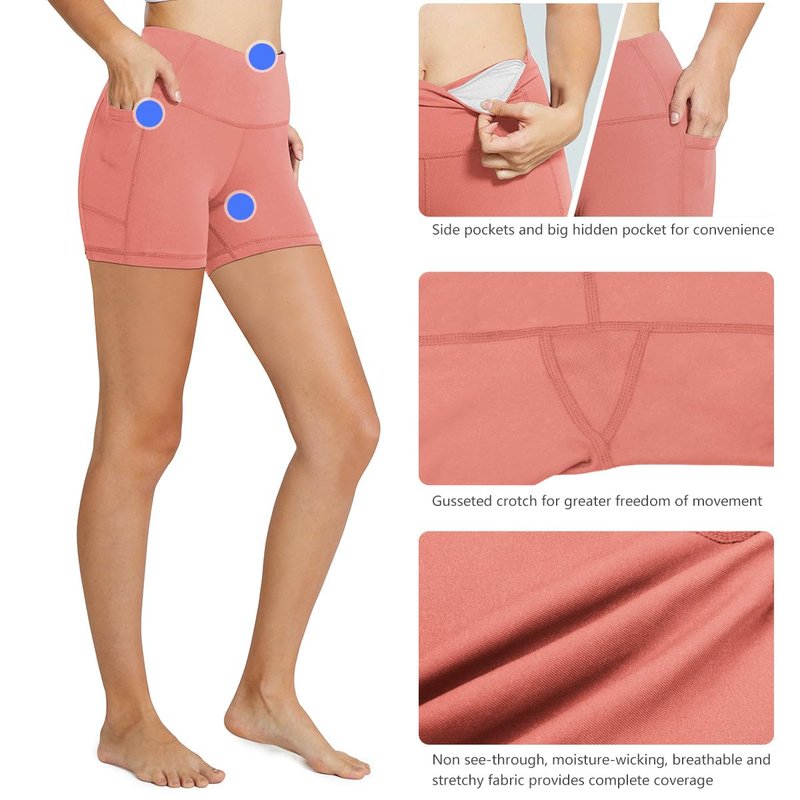 baleaf Biker Shorts Women Yoga Gym Workout Spandex Running Volleyball Tummy Control Compression with Pockets 5" Coral Pink XXL