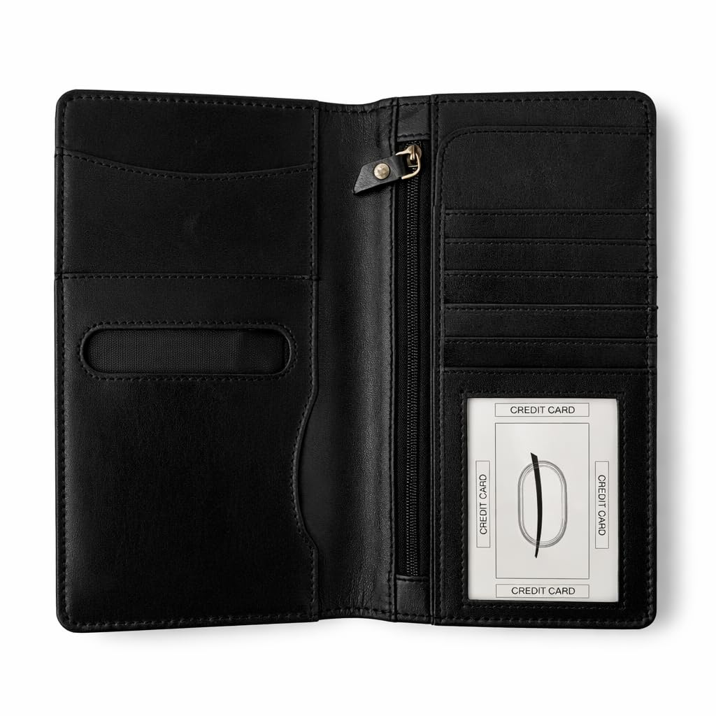 TheAntiq Black Leather Long Passport Wallet - Travel Document Organizer with Card Slots ID Window Zipper Pocket Slim Passport Holder for Travel & Everyday Use, 5 x 9
