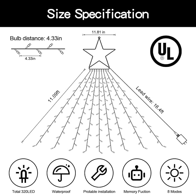 Christmas String Lights Outdoor Decoration 317 LED Star Fairy String Lights 8 Modes & Waterproof for Party Wedding Patio Yard New Year Holiday Indoor Outdoor Cool White