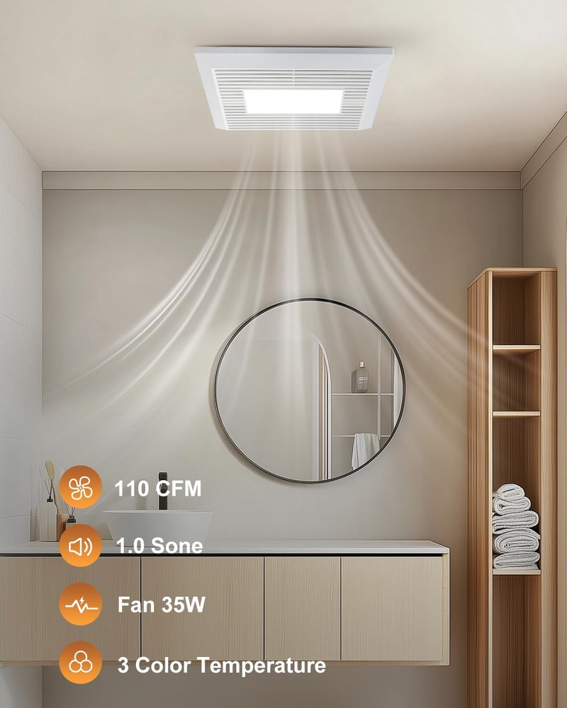 GROWNEER Bathroom Exhaust Fan with Light, 110 CFM 1.0 Sone Exhaust Fan No Attic Access Needed, Ceiling or Wall Mount, 7.68 x 9.25 inch, 35W Bathroom Fan with LED Light 3CCT Adjustable 600LM, White