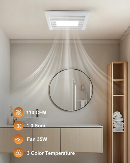 GROWNEER Bathroom Exhaust Fan with Light, 110 CFM 1.0 Sone Exhaust Fan No Attic Access Needed, Ceiling or Wall Mount, 7.68 x 9.25 inch, 35W Bathroom Fan with LED Light 3CCT Adjustable 600LM, White