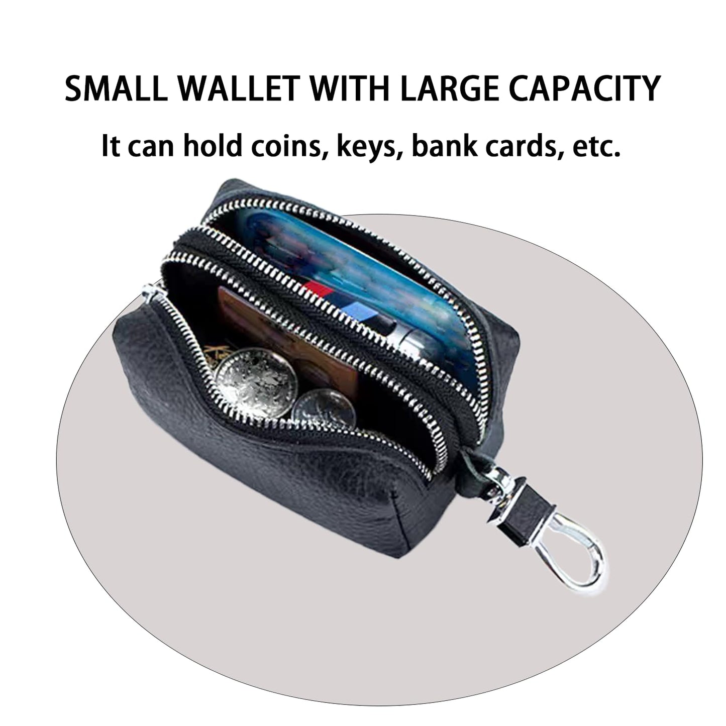 DTSFHTDAL Leather Car Key Wallet Case, Multi Functional First Layer Cowhide Key Bag Double Zipper Keychain Wallet Double Zip Key Bag for Keys (Black)