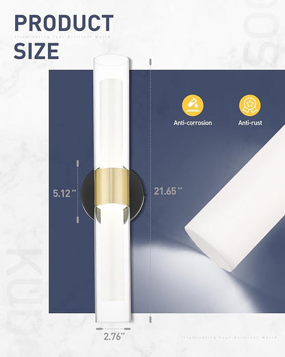 kudos Black and Gold Bathroom Sconces Wall Lighting, Bathroom Vanity Light, Modern Wall Lights with Clear Glass and Frosted Glass for Bathroom Bedroom Hallway, KDVL06-BG-2