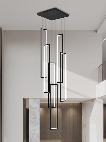 Flashing God Modern Chandelier,Black Chandeliers with 6 Ring Led Foyer Chandelier,Larger High Ceiling Chandeliers for Living Room,Rectangle Chandelier for Entryway Staircase LED Dimming 2700k-6001k