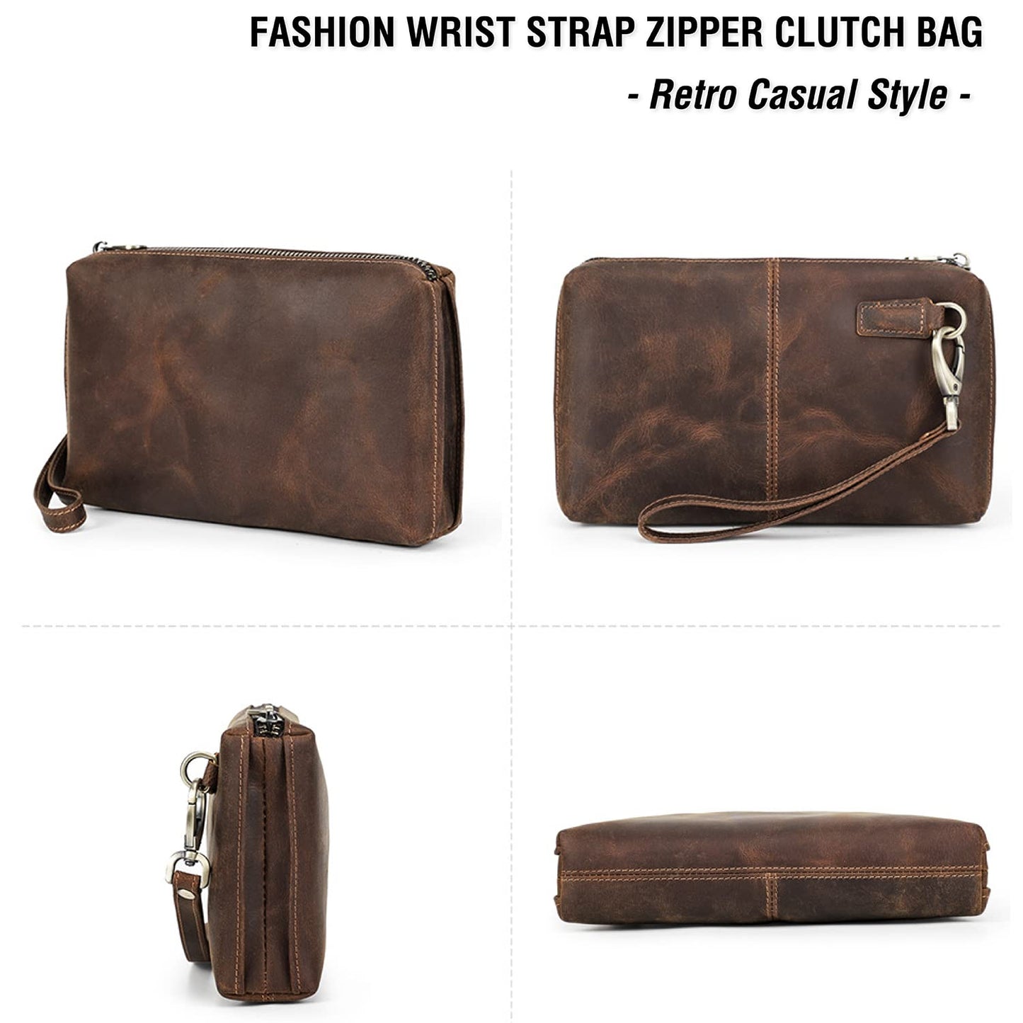 Top Grain Genuine Leather Clutch Wallet with Wristlet for Man & Woman, Handmade Simple Retro Vintage Design, Multi Pockets & Card Slots, RFID Large Capacity for Cards/ID/Checks/Banknote/Phone, Coffee