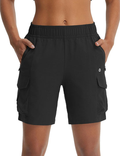 baleaf Women's 7'' Hiking Shorts with Zipper Pockets Quick Dry Lightweight Water Resistant Elastic Waist Cargo Shorts Outdoor Black L
