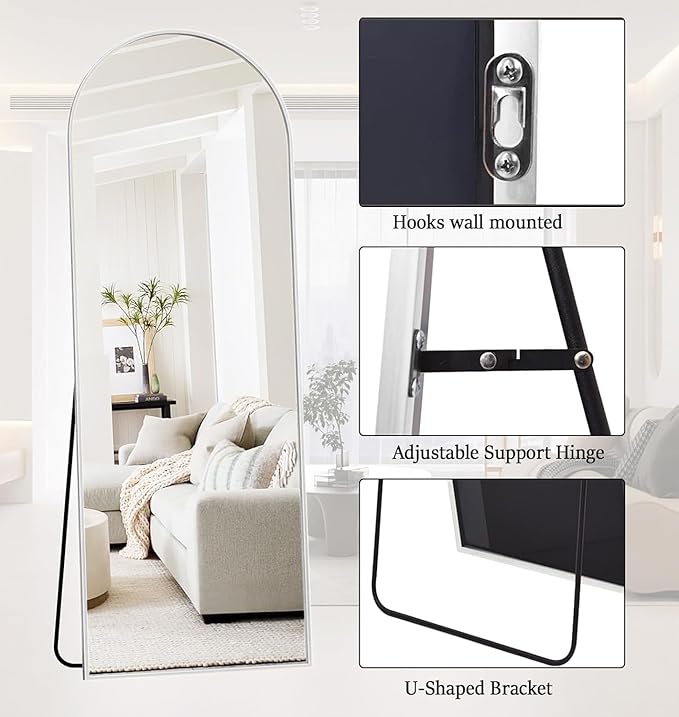 Arched Floor Mirror, 57 "x 20" Full Length Mirror Wall Mirrors Hanging or Leaning Arched-Top Full Body Mirrors with Stand for Bedroom, Dressing Room, White