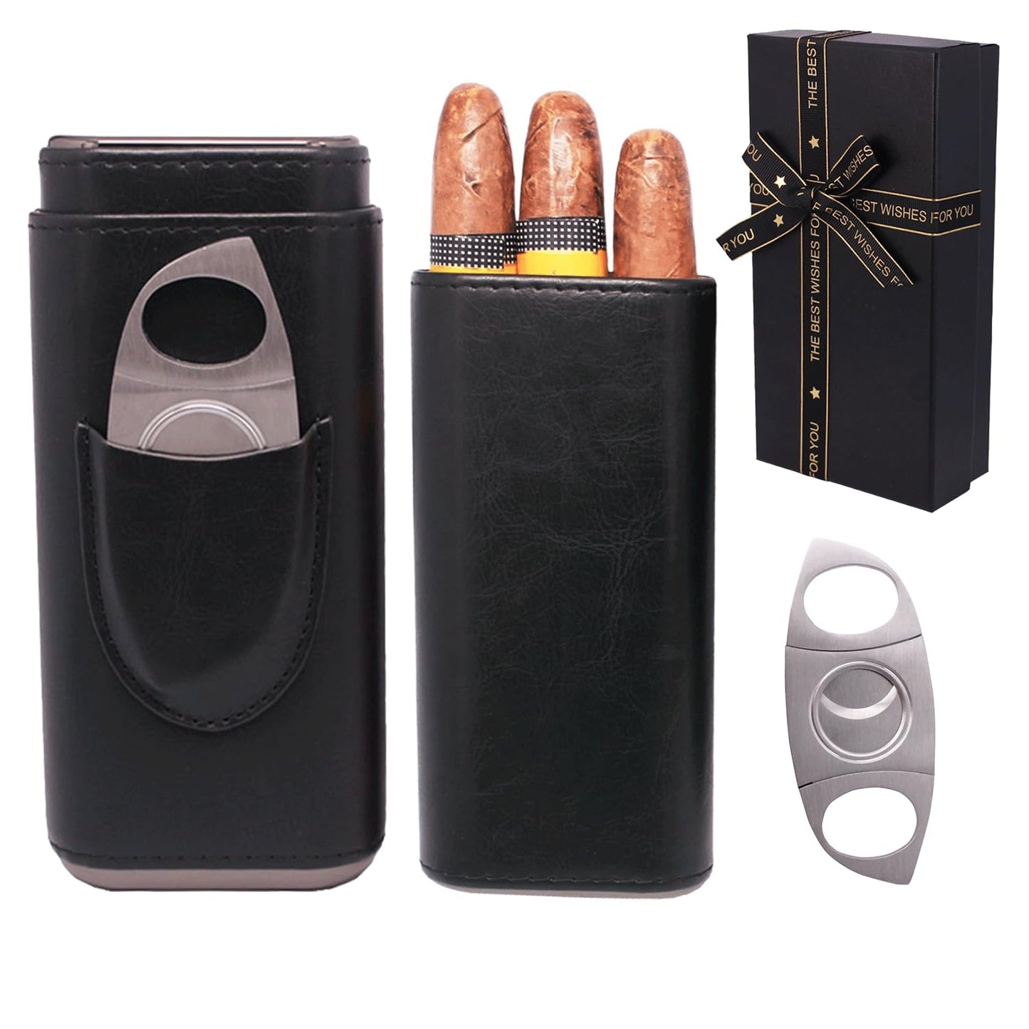 AMANCY Soft Leather Cigar Case - Travel Humidor Accessories with Cutter and Small Humidifier - 3-Finger Portable Cigar Carrying Case, Black
