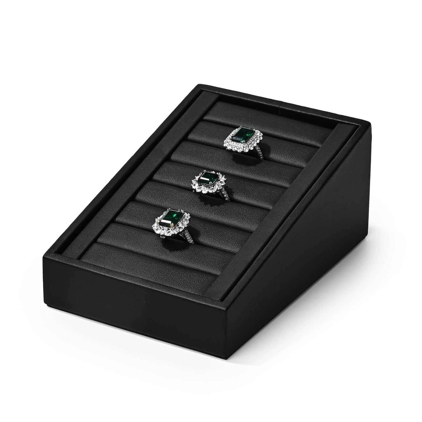 Woodten PU Leather Jewelry Ring Tray Display Stand Slotted Ring Showcase Display Organizer Holder for Trade Show(Black)