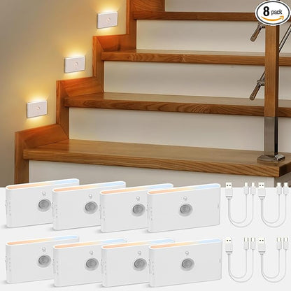 wowatt Rechargeable Motion Sensor Stair Light, Whtie Automatic Lights with Magnetic Mount, Dimmable Step Lights Indoor for Stairway, Hallway, Kitchen, Bathroom(8 Packs)