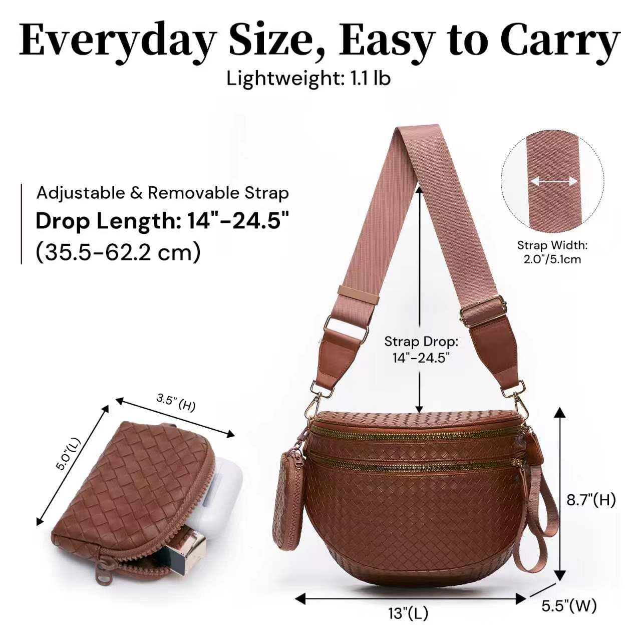 Woven Bum Bags for Women Vegan Leather Crossbody Bag with Coin Purse, Trendy Fanny Packs with Adjustable Wide Strap, Spacious Sling Shoulder Purse for Trave