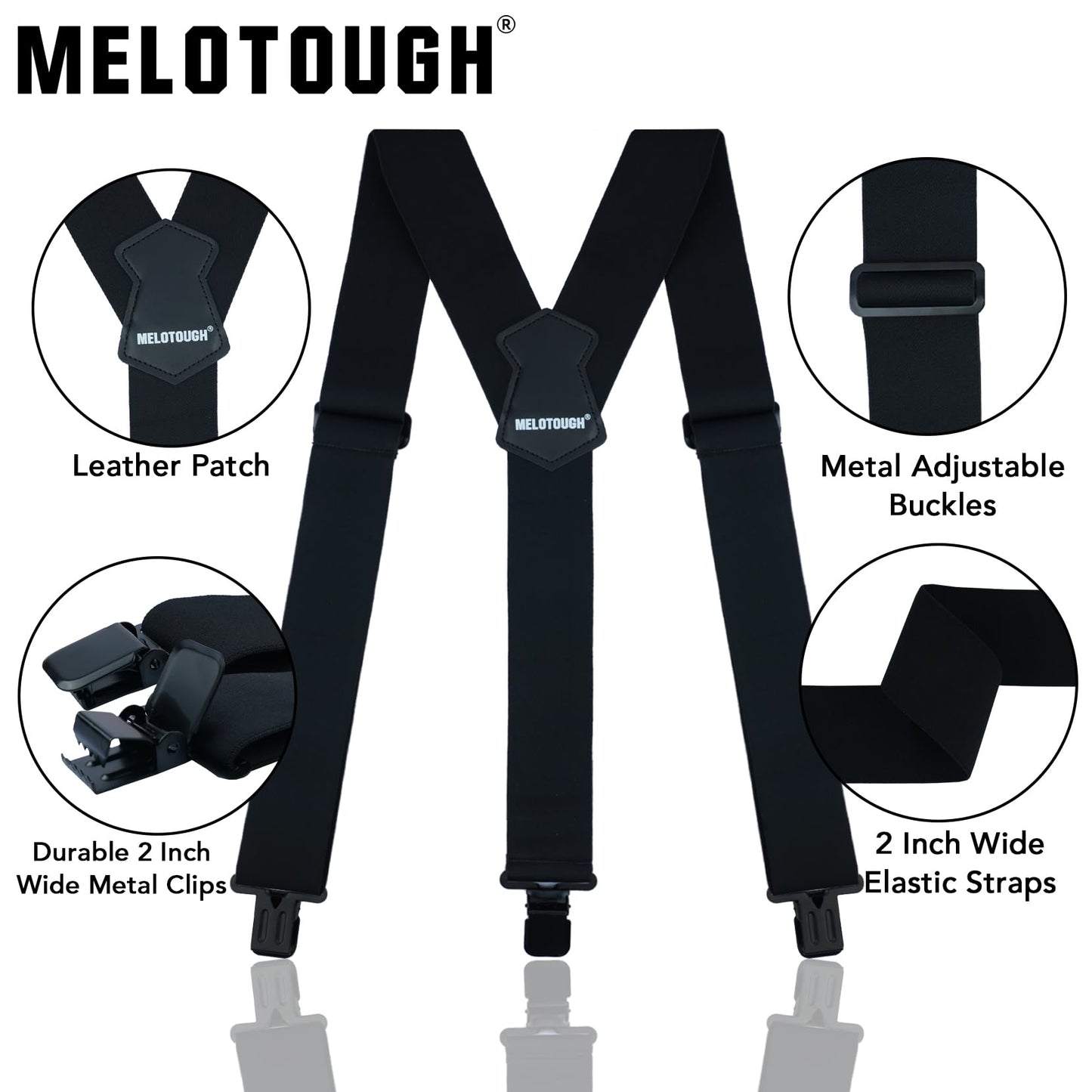 MELOTOUGH Black Y Back Suspenders for Men, 2 Inch Wide, Heavy Duty Clips, Work Suspenders for Women