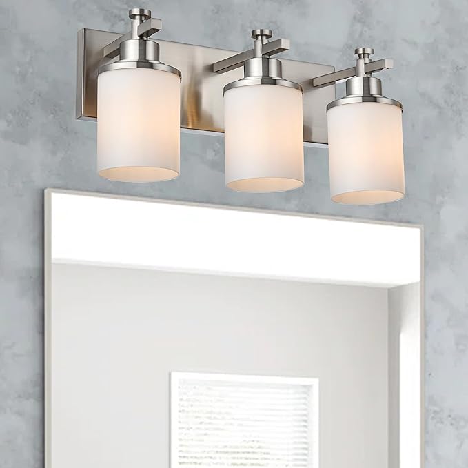 MELUCEE 3 Light Vanity Lights, Brushed Nickel Bathroom Light Fixtures with Milky White Glass Shade, Modern Wall Lights for Mirror Living Room Dressing Room Hallway, E26 Base