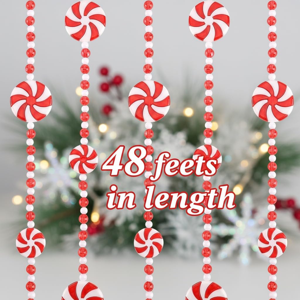 48 feet Christmas Candy Garland Plastic Bead Garland Xmas Holiday Candy Cane Decor for Christmas Tree Wreaths Decorations
