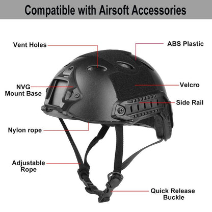 SANYETS Airsoft Helmet, Black PJ Tactical Helmet with Night Vision Mount,Paintball Goggles and Balaclava Face Mask,Men's Military Costume,Tactical Airsoft Gear