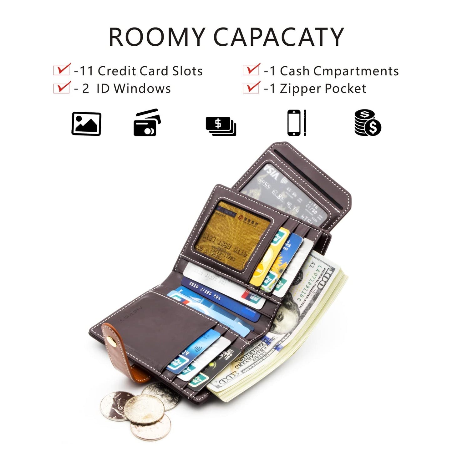 ANDOILT Wallets for Women Genuine Leather Small Bifold Wallet RFID Blocking Card Case Purse with ID Window Coin Pocket Coffee