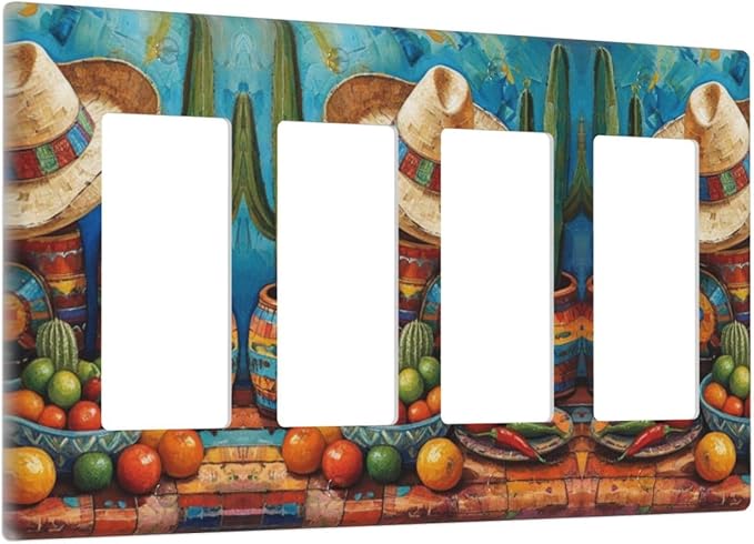 Decorative Art Light Switch Covers Mexican Sombrero & Serape Vibes 4 Gang Rocker Decora Outlet Covers Electrical Faceplate GFCI Wall Plate for Home Decor