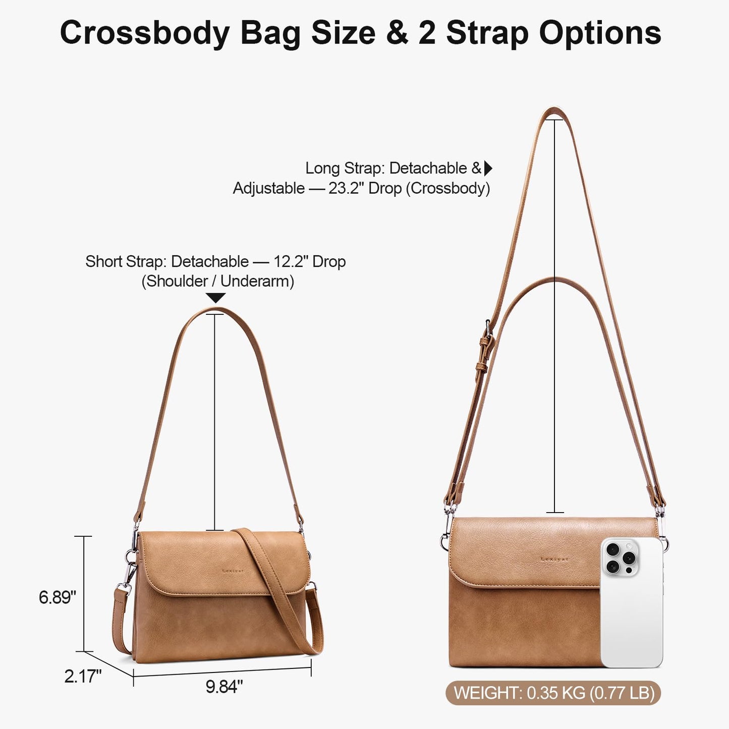 Lexiyat Crossbody Bags for Women Vegan Leather Travel Small Cell Phone Purse Rfid Shoulder Bag with 2 Straps Camelbrown