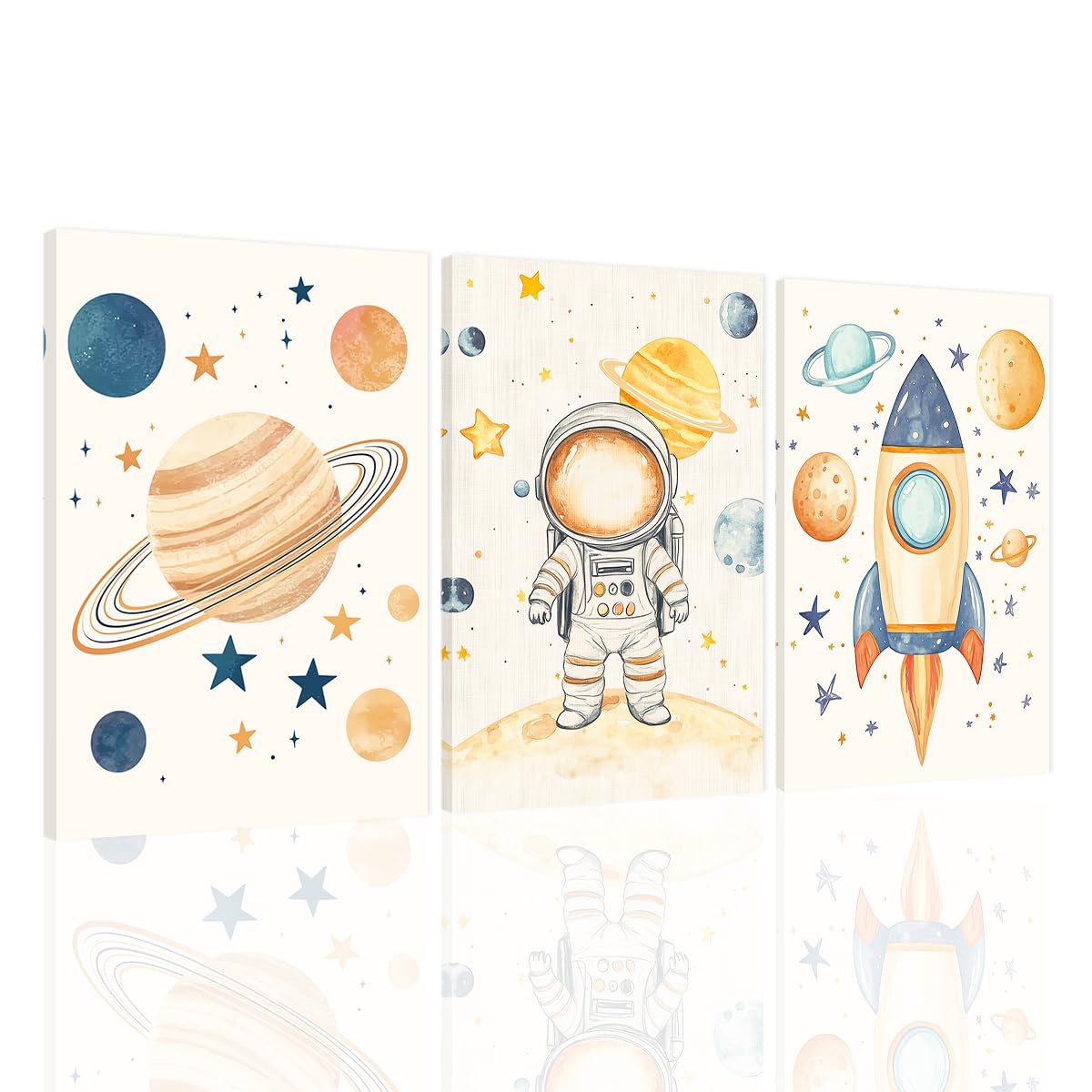 SWQYLB 3 Piece Space Wall Art for Kid Room Nursery Decor Outer Space Theme Astronauts Pictures Canvas Prints Framed Toddler Boys Girls Room Decor (11"x14"x3)