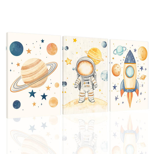 SWQYLB 3 Piece Space Wall Art for Kid Room Nursery Decor Outer Space Theme Astronauts Pictures Canvas Prints Framed Toddler Boys Girls Room Decor (11"x14"x3)