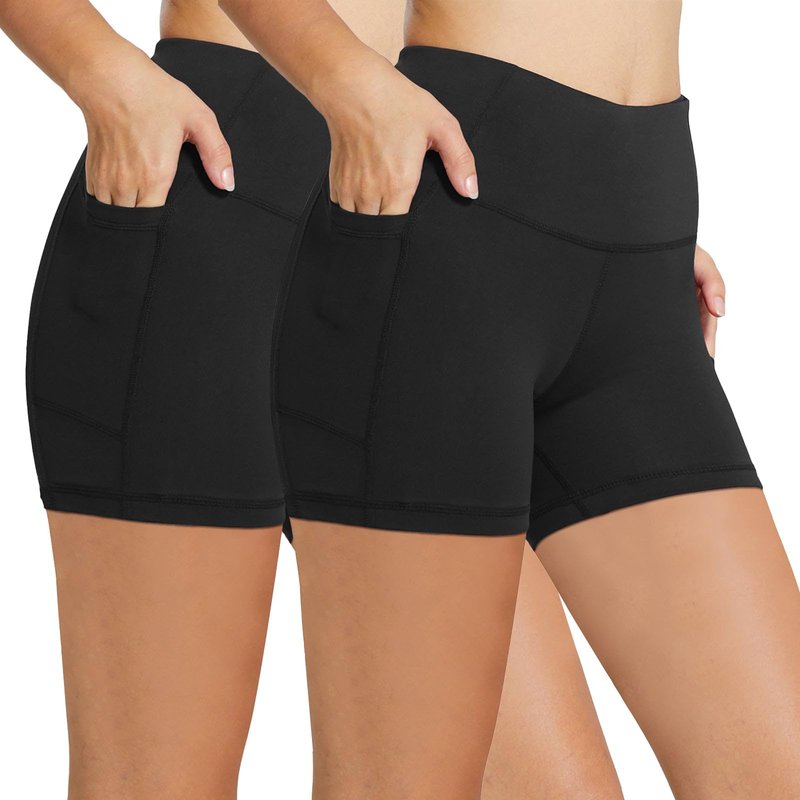 baleaf Biker Shorts Women Yoga Gym Workout Spandex Running Volleyball Tummy Control Compression with Pockets 5" 2-Pack Black/Black XXXL