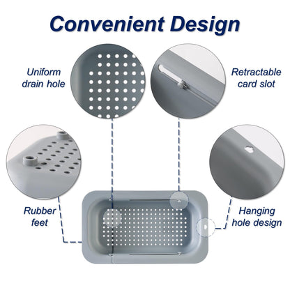 Extendable Sink Colander Strainer Basket - Wash Vegetables and Fruits, Drain Cooked Pasta and Dry Dishes - Adjustable Over the Sink Colander Collapsible Drainer Basket -Gray