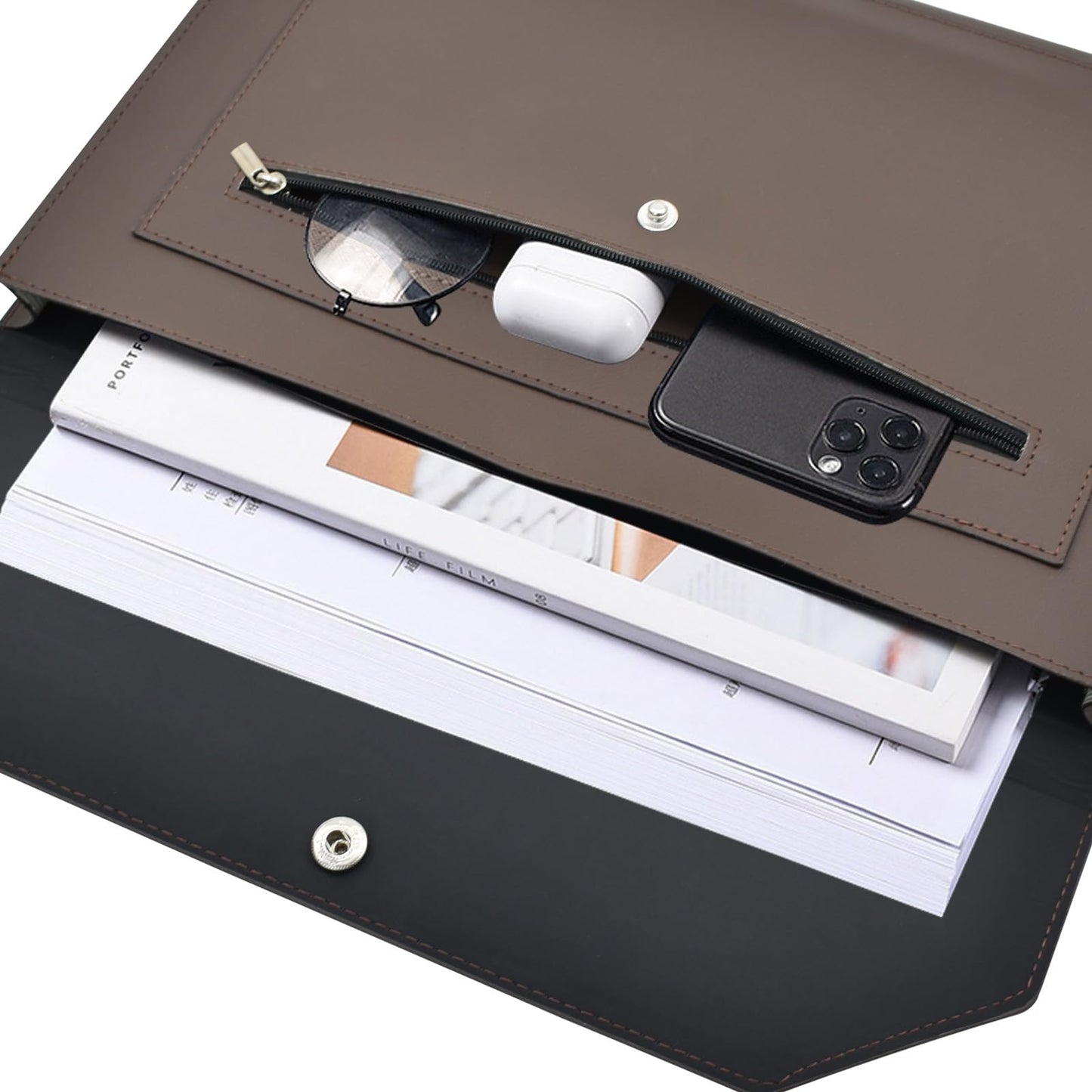 VANRA 1 Piece PU Leather Expanding File Folder Organizer Document Holder with Snap Button Zippered Pocket, Portfolio Envelope Folder Case for A4 Letter Size Paper (Dark Brown)