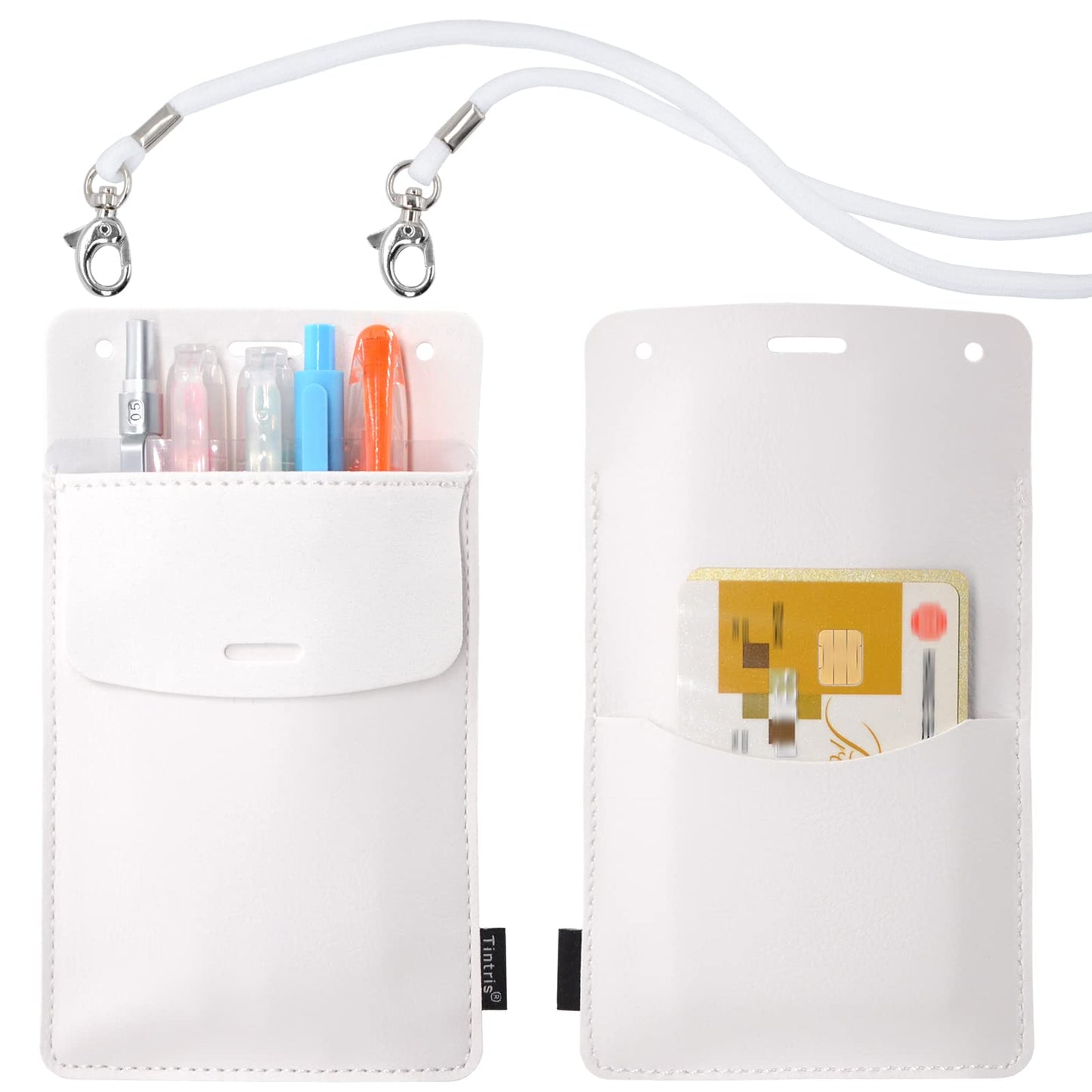 Tintris Pocket Protector, 3 Pack Leather Pen Pencil Holder Pouch Organizer for Men Pocket Shirt Lab Coat Small Tools, Designed with a Lanyard & an Extra Back Pocket, Thick PU Leather, White