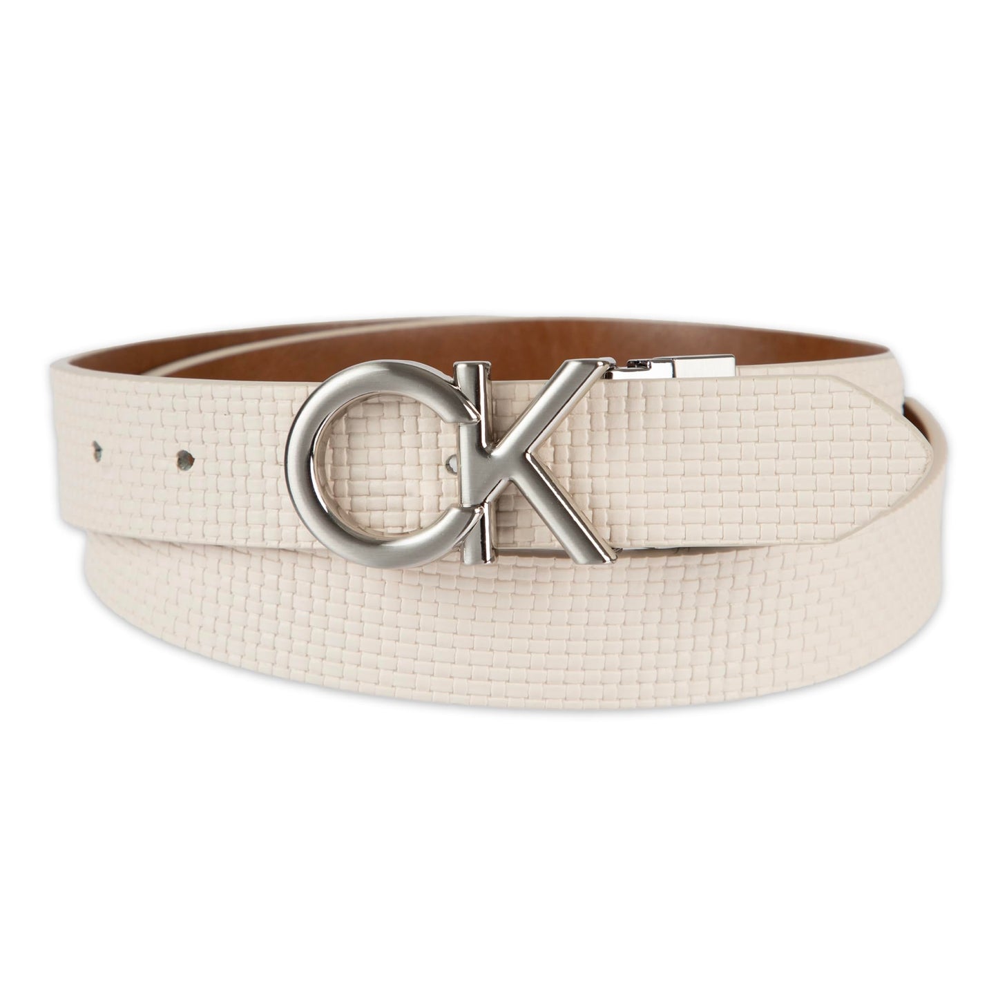 Calvin Klein Women's Puffed CK Logo Reversible Dress Belt, Bone/Tan, Medium