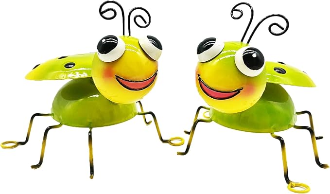 Metal Yard Art Garden Decor for Outside Cute Green Ladybugs Lawn Patio Ornaments Backyard Decorations Garden Gifts for Mom - Set of 2