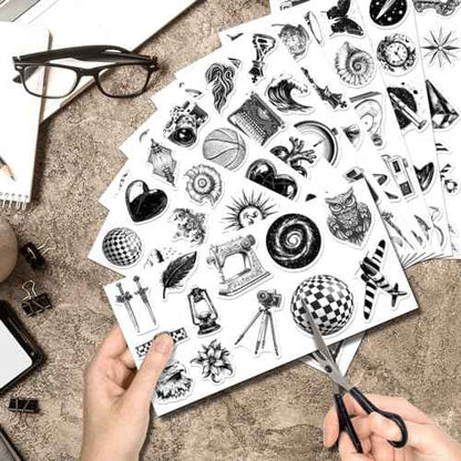 Vintage Science and Curiosity Stickers Pack 108Pcs Black White Retro Vinyl for Journals Laptops Scrapbooking DIY Crafts Students Thinkers Laptop Bike Wall