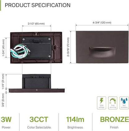 ASD LED Recessed Step Light Fixture, Outdoor & Indoor Tread Lighting | 3CCT, Dimmable, Waterproof, ETL Listed | 3W 120LM 3000K-5000K 120V | Staircase Hardwired Illumination | Dark Bronze, 12 Pack